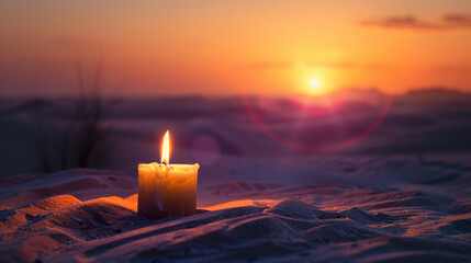 Candle on the desert at the wonderful sunset.