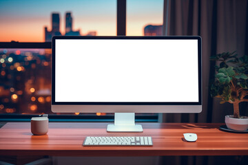 Moderno monitor de computadora con pantalla en blanco vista de frente. Mockup para personalizar. Creado con IA - obrazy, fototapety, plakaty