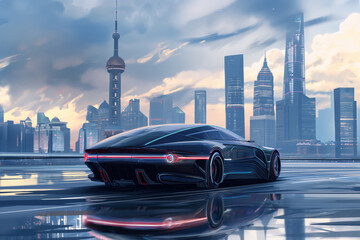 Sleek black sports car on a glossy surface with futuristic skyline and dramatic clouds - obrazy, fototapety, plakaty