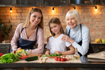 Smiling grandmother, mother and daughter doing some healthy organic food in kitchen with look at...