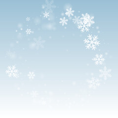 Fototapeta na wymiar White falling snowflakes pattern. Wintertime fleck ice elements. Snowfall sky white blue backdrop. Swirling snowflakes february texture. Snow cold season scenery.