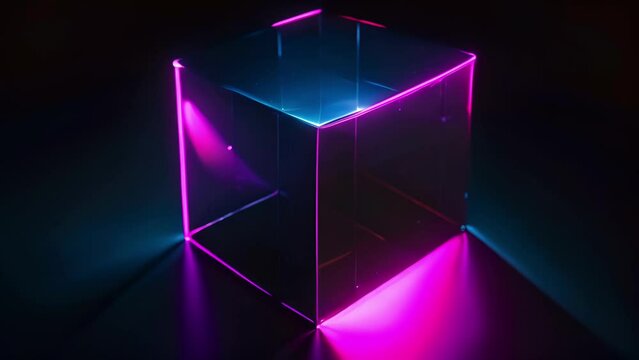 A transparent translucent prism cube glowing shining with neon blue and pink lights moving refraction on a dark background. Optics physics and crystal clarity concept