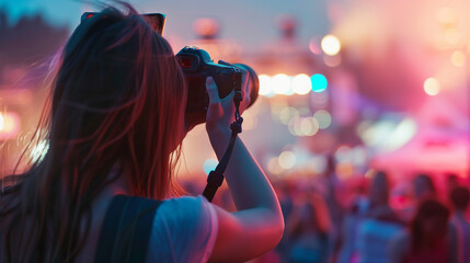 A woman, amidst a lively crowd at a music festival, skillfully wields her camera to preserve the energetic atmosphere
