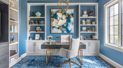 A sophisticated home office featuring a blue color scheme, modern desk, and artistic decorations, showcasing a blend of comfort and style.