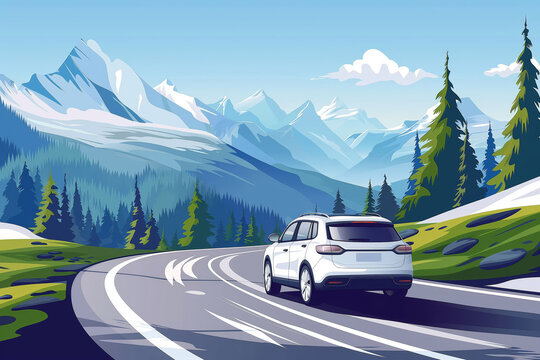 Illustration featuring a white suv on a picturesque mountain road surrounded by stunning nature