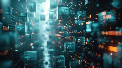 Holographic projection of AI code, layers of algorithms and data structures floating in a virtual space , 3D illustration