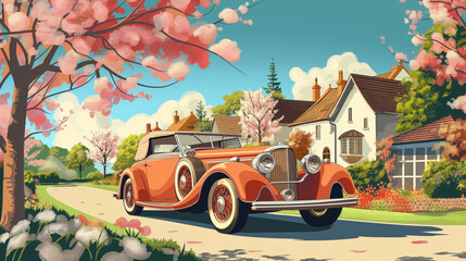 Illustration of classic red convertible near a quaint house, under the springtime bloom