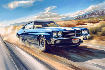 Vintage blue muscle car in motion with a dusty trail on a scenic desert highway - obrazy, fototapety, plakaty