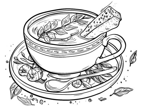 Recipe, bowl spiced soup. Hand drawn engraving style. Sketch board imitation. Vector, generative ai.