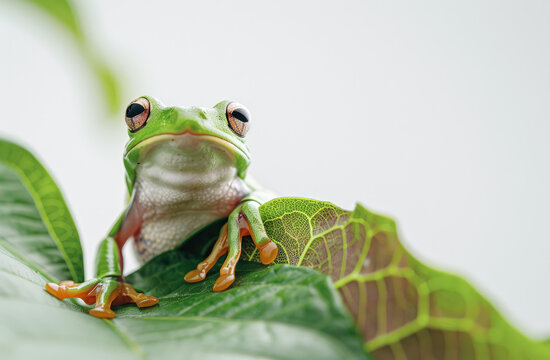 Photo of a green tree frog peeking out from behind a leaf, its eyes wide open and focused on something in front of it