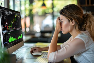 A worried woman looks at financial statements on a computer concerned about investing in a growing market. Concept Financial planning, Stock market, Investments, Business strategy, Market analysis - obrazy, fototapety, plakaty