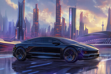 Digitally illustrated sports car gleams under the neon lights of a futuristic urban skyline