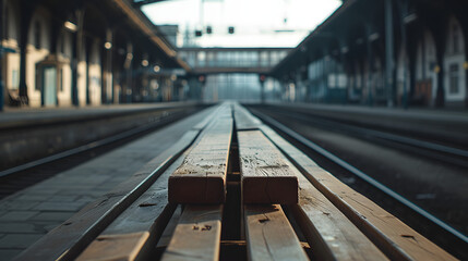 view of wooden bench in a train station - obrazy, fototapety, plakaty