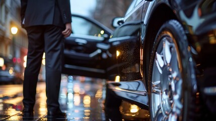 Businessman, hands and chauffeur by car door for travel accommodation, designated driver or commute. Hand of male person on vehicle handle in professional transport service, business class or pick up