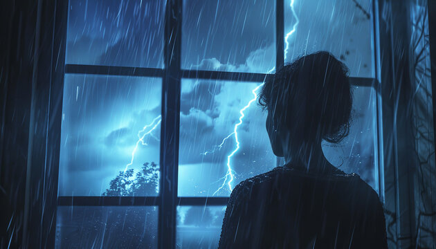 stormy night with lightning and a person looking out the window