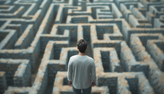 Illustrate a person trapped in a maze, expressing fear and confusion wide