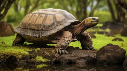 A large tortoise is walking on a rock near a body of water