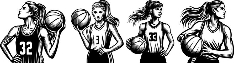 girl playing basketball dynamic action vector illustration silhouette laser cutting black and white shape