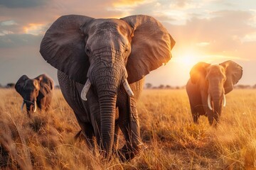 Majestic African Elephants Roaming Savanna at Sunset, Wildlife Photography Composition - obrazy, fototapety, plakaty