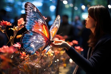 Butterfly in interactive artistic installation with vibrant colors., generative IA - obrazy, fototapety, plakaty