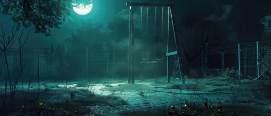 Foto op Plexiglas A chilling scene of an abandoned playground at night with a solitary swing moving by itself © AI Farm