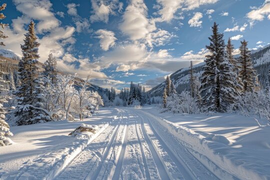 A panoramic view of a crosscountry skiing trail through a winter wonderland