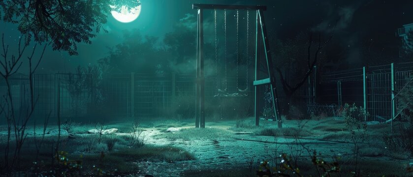 A chilling scene of an abandoned playground at night with a solitary swing moving by itself