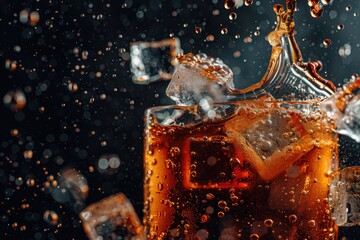 A high-speed capture of a cola splash with ice cubes and bubbles against a dark - obrazy, fototapety, plakaty