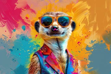 Meerkat in vibrant, fashionable outfit, standing out from the crowd, creative animal concept, digital illustration - obrazy, fototapety, plakaty