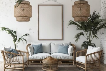 Minimalist Japandi living room with white and blue tones, rattan furniture and frame mockup, digital rendering - obrazy, fototapety, plakaty