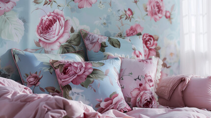 Romantic Pink Rose Pillows and Florals