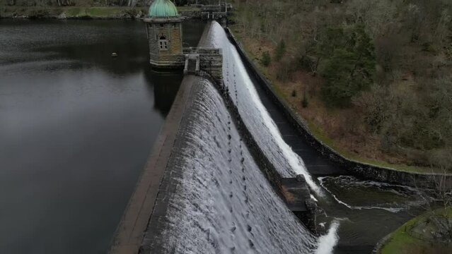 Drone footage over Pen y Garreg Dam in Elan Valley Village, Wales, UK