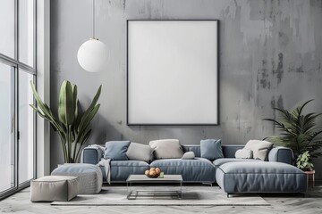 Modern living room interior with blank blue poster on wall, minimalist decor, 3D illustration