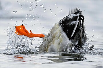 Duck diving in he lake to hunt fish with water splashes