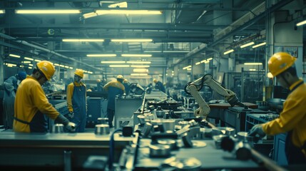 Fototapeta premium Busy Factory Floor With Workers Operating Machines