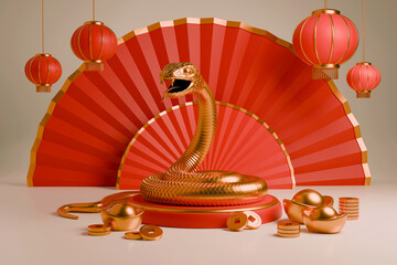 Snake is a symbol of the 2025 Chinese New Year. 3d render illustration of Golden Snake on a podium, gold ingots Yuan Bao, chinese lanterns, fan and coins. Zodiac Sign Snake, concept for lunar calendar - 767939983