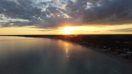 Lake Erie Ontario, The great lake sunset by drone. This is Port Stanley beach  - obrazy, fototapety, plakaty