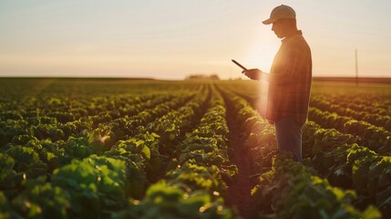 Man Analyzing Crop Data on Tablet in Field