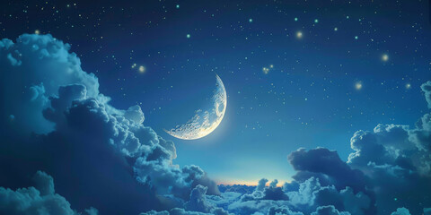  beautiful crescent moon and clouds   in the night sky background ,magic of night, banner, copy space