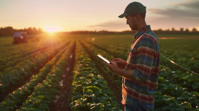 Man Analyzing Crop Data on Tablet in Field