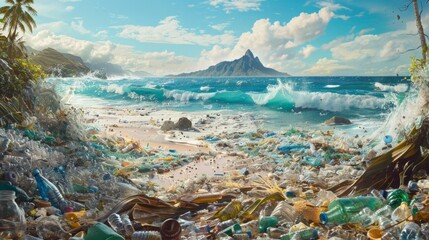 Beach Covered in Trash Painting - obrazy, fototapety, plakaty