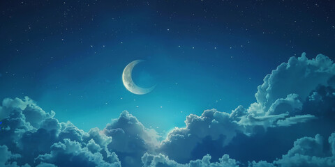 Obraz na płótnie Canvas beautiful crescent moon and clouds in the night sky background ,magic of night, banner, copy space