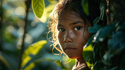 Close up face of tribe people in Amazon jungle, rainforest