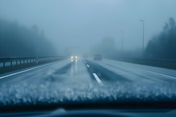 Navigating Hazards: A Driver's Perspective on a Foggy Rainy Highway. Concept Driving, Weather, Highway, Hazards, Perspective - obrazy, fototapety, plakaty