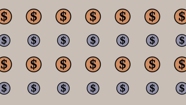 Coins scrolling in lines on a coloured and green background - animation