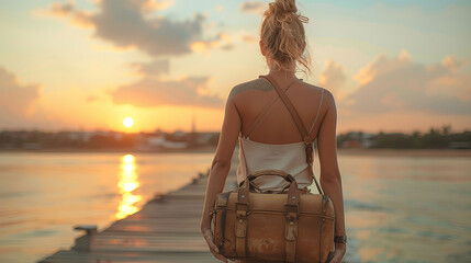 Woman walking on pier at sunset, carrying a bag, with a view of the water and sky.