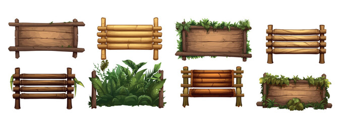 Collection of Wooden Signboards with Green Foliage, Isolated Vector Illustrations for Nature, Adventure, and Fantasy
