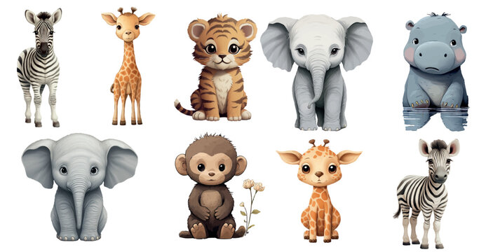 Adorable Collection of Safari Animals: Cute Baby Elephant, Zebra, Giraffe, Hippo, Tiger Cub and Monkey in Various