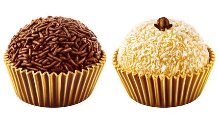 sobremesa brasileira de chocolate brigadeiro e sobremesa brasileira de coco beijinho isolado em fundo transparente
