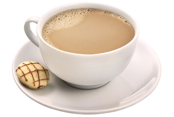 xícara com café com leite acompanhado de biscoito isolado em fundo transparente